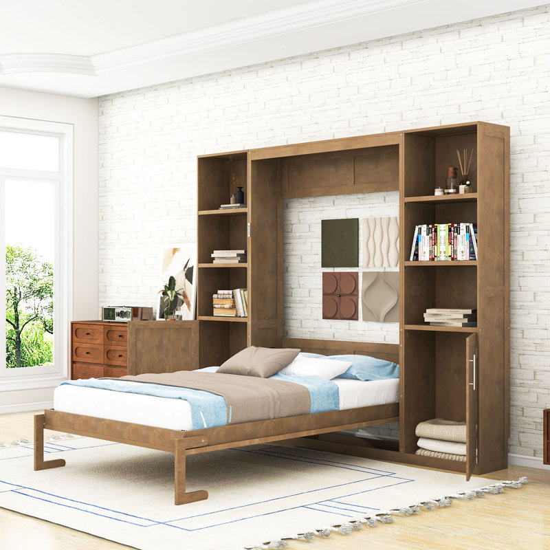 Grand lit escamotable avec tablettes et armoires de rangement