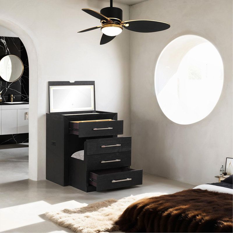 Bedside Vanity Set W/ Stool Black Storage Drawers Nickle Pulls Handles Vanity Led