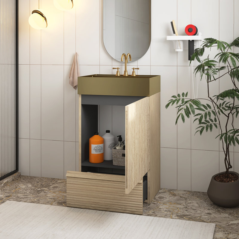 Meuble-lavabo moderne rayé de 20 po avec lavabo vasque intégré en métal doré brossé, armoire de salle de bain autoportante, lavabo une pièce en métal doré sans robinet
