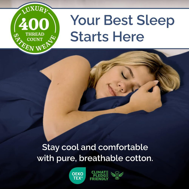 100% Cotton Sheet Set, 400 Thread Count Hotel Luxury Bedding, Soft & Breathable Bed Sheets, 4 Piece Set, Navy Blue