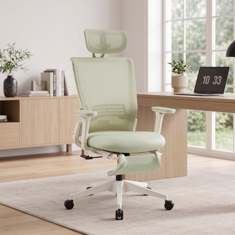 Chaise de bureau pliable, chaise de travail ergonomique en filet avec fonction d'inclinaison, chaise de bureau à domicile avec appui-tête en 2 dimensions, accoudoir 4D et repose-pieds, hauteur réglable et soutien lombaire et coussin de siège en forme de W