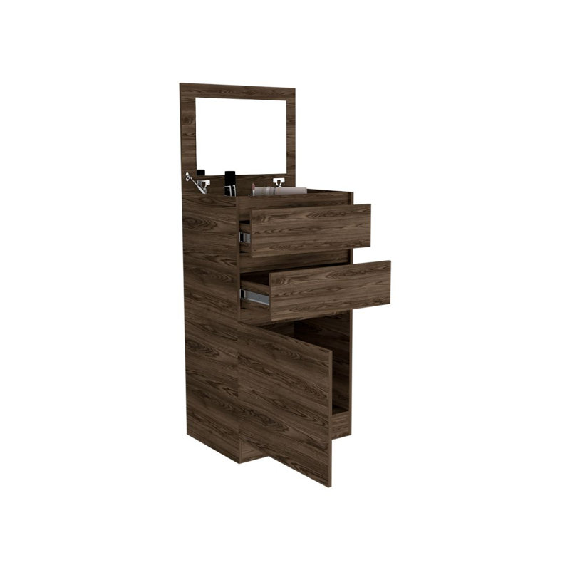 Commode Asturias en noyer foncé avec boîte à bijoux et miroir - Commode de rangement pour chambre à coucher avec armoire à une porte