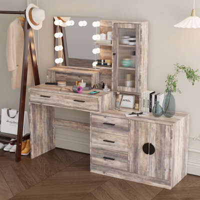 Coiffeuse de maquillage avec lumières, prise USB et prise de courant et armoire à tiroirs