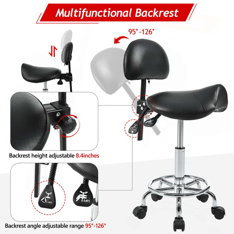 Saddle Stool with Back Support,Rolling Stools with Foot Rest,Ergonomic Adjustable Stool with Wheels,Backrest Adjustable Height & Angle for Salon Spa Tattoo Massage Office Swivel Stool Chair