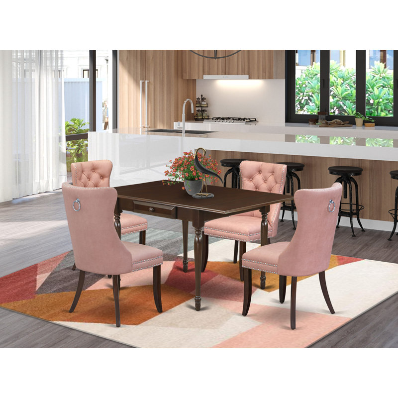 5 Piece Kitchen Table Set Contains a Rectangle Dining Table with Dropleaf and 4 Upholstered Chairs, Mahogany, Mahogany