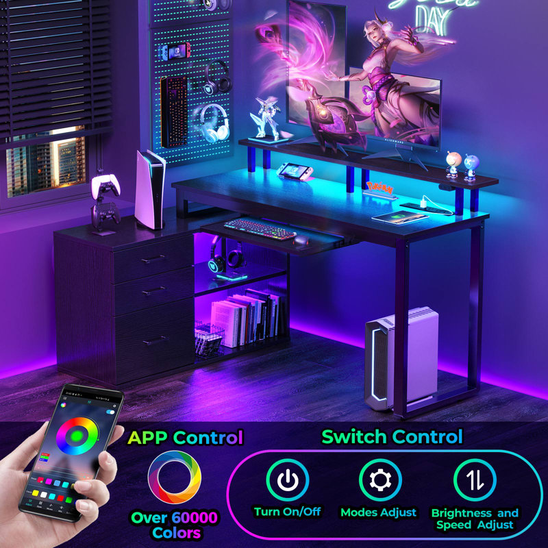 Ameliore 55.1" L Shaped Computer Desk with File Drawer, LED Lights and Keyboard Tray, Black