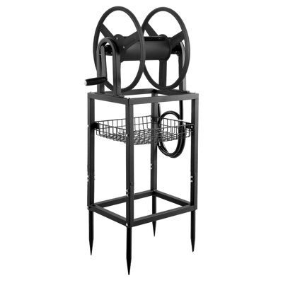 Enrouleur de boyau d'arrosage autoportant, capacité de 61 m de tuyau de 16 mm, tuyau de raccordement de 1,5 m, 4 piquets, fixation murale ou au sol, support amovible avec étagère de rangement, raccords en laiton, conçu pour les jardins.
