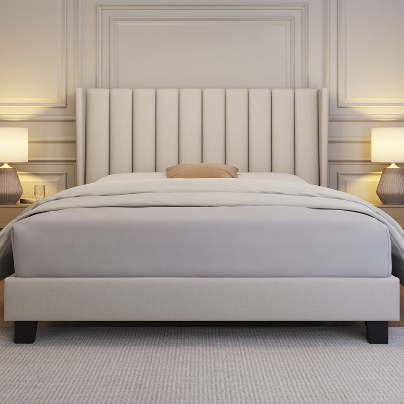 Upholstered Bed Frame with Channel Tufted Headboard, Kingsize (5'), Beige