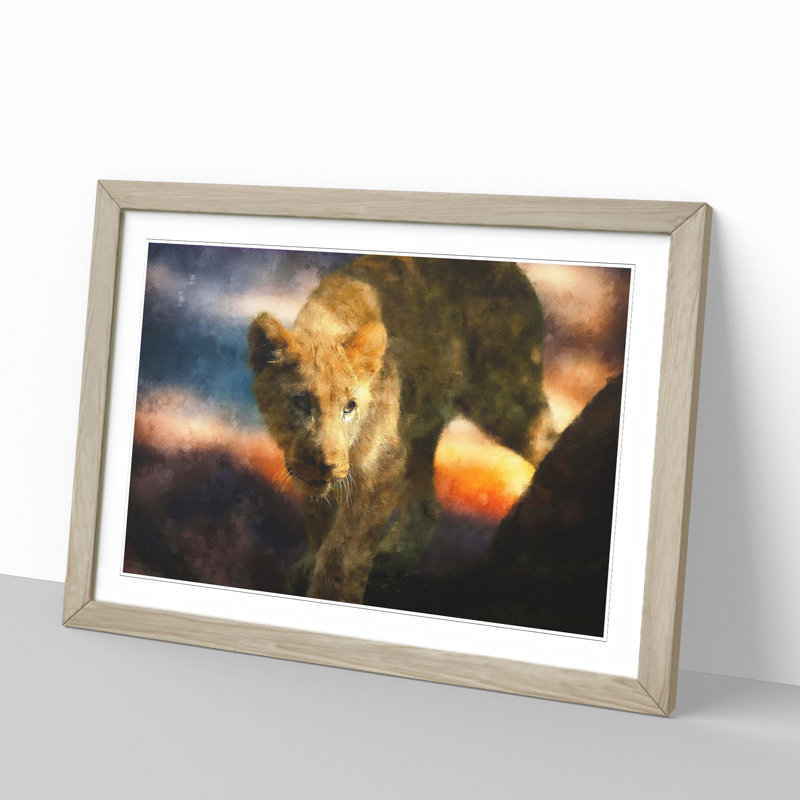 Lion Cub - Picture Frame Graphic Art, Oak Framed, 27cm H x 36cm W x 2cm D