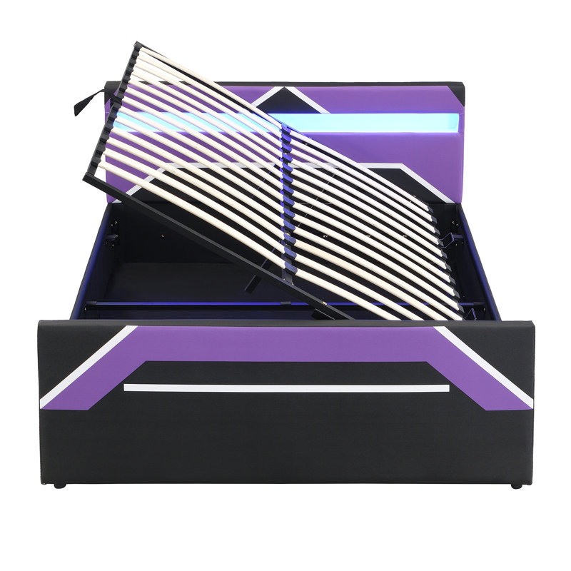 Grand lit de jeu avec tête de lit à DEL intégrée à 7 couleurs, lit plateforme de rangement hydraulique à levage latéral, style Cyberpunk