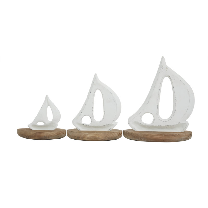 White Wood Sail Boat Decorative Sculpture with Wood Base, Set of 3, White/Brown