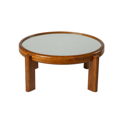 33.46 Inch Round Coffee Table with Silver Mirrored Top Solid Wood Frame Cylindrical Legs Mid Century Retro Honey Oak Cocktail Table for Living Room