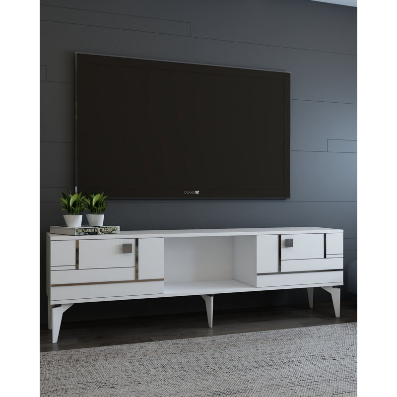 Meuble télé moderne blanc, mural, 59,1 po x 17,6 po x 11,6 po | 100% panneau de particules enduit de mélamine, épaisseur: 0,7 pouce | Élégants accents argentés, parfaits pour le salon et les espaces de divertissement, design élégant