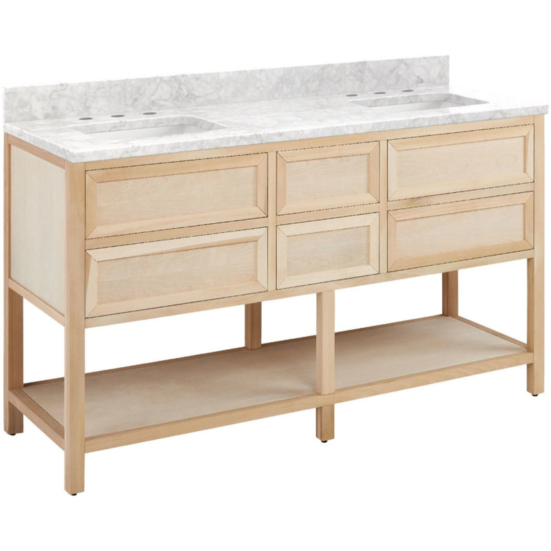 60" Robertson Double Bathroom Vanity Set with Rectangular Undermount Sinks, 8" Widespread, Carrara Marble, Brushed White