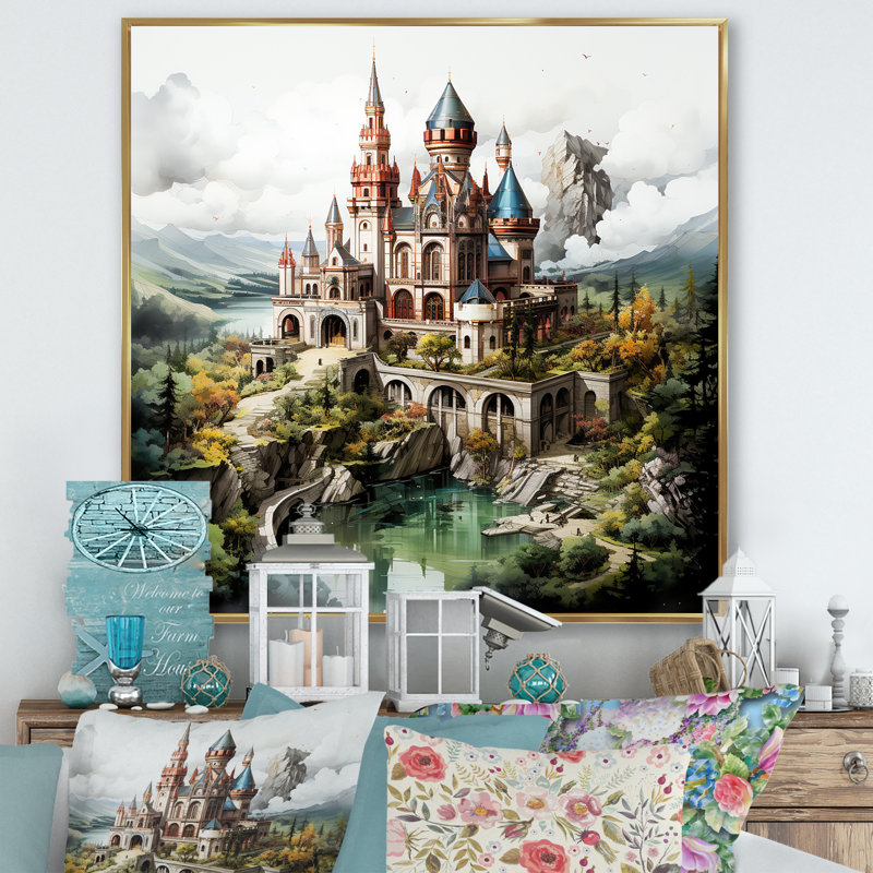Dessin mystique d'un château I sur toile, Cadre flottant doré, H 16 po x l 16 po x P 1 po