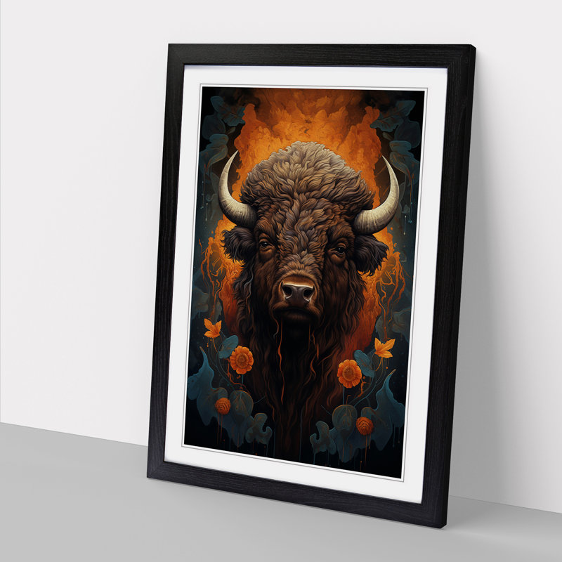 Bison Symbolism Art - Framed Print, 34cm H x 25cm W x 2cm D, Black Framed