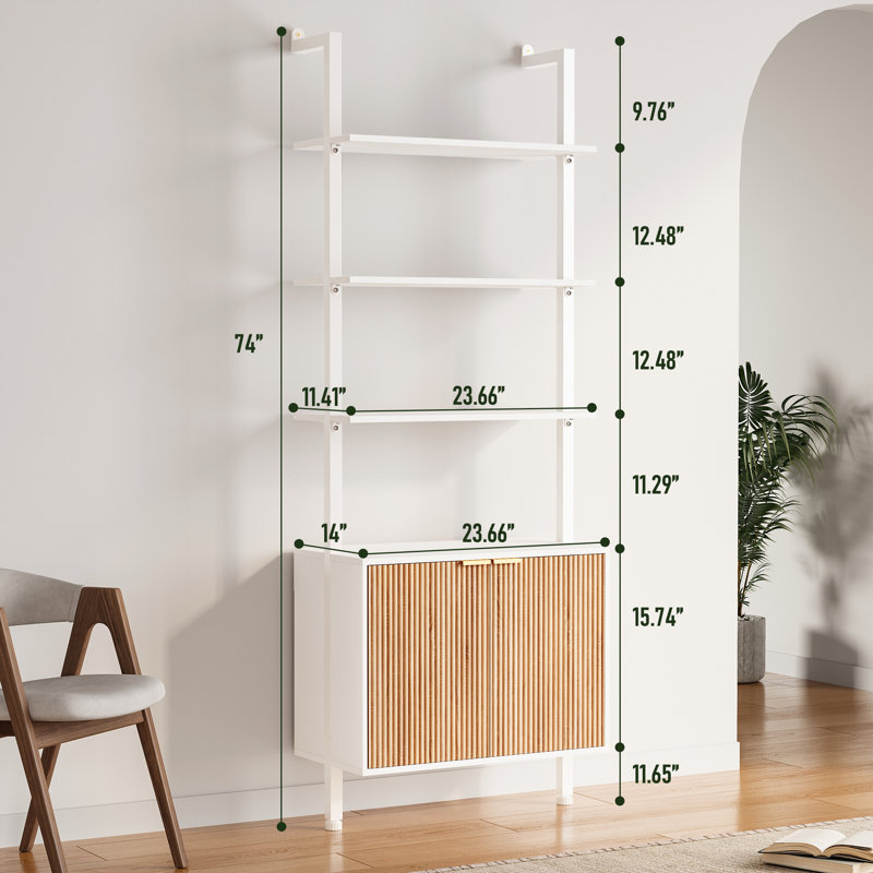 74" Tall Bookshelf With Storage Cabinet, Modern Ladder Bookcase With Wood & Metal Frame, Wall Mount Display Shelf For Living Room, Bedroom, Home Office