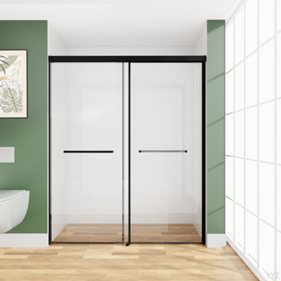 60 po X P 72 po H Porte de douche coulissante en verre semi-sans cadre Verre trempé transparent, noir mat