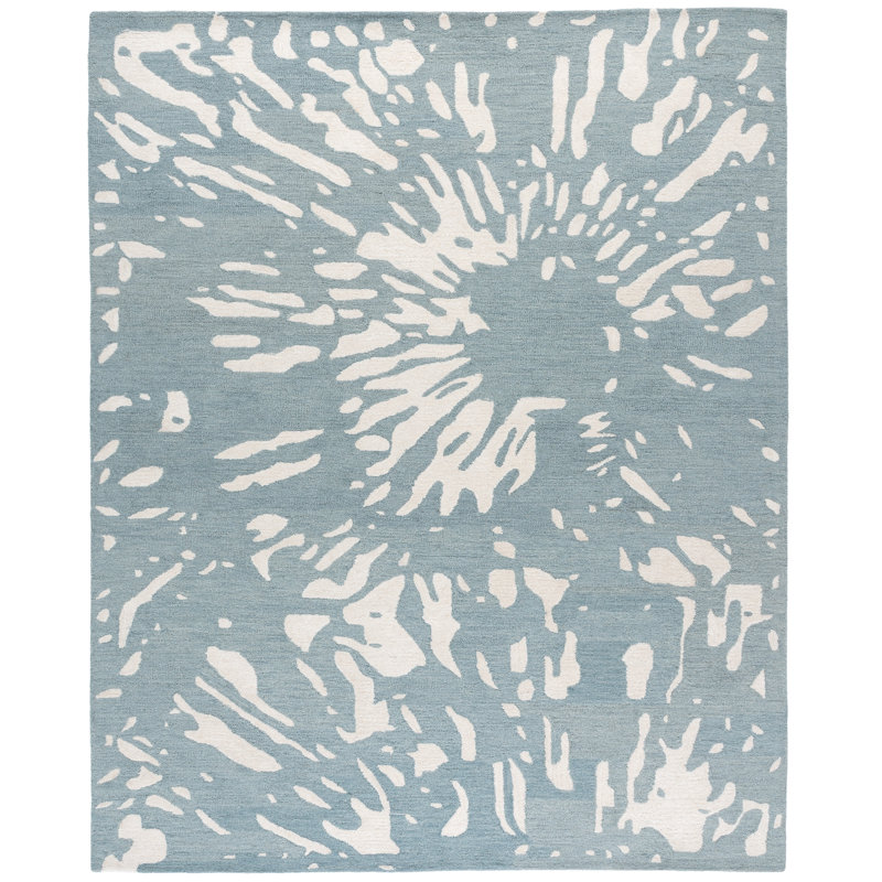 Laine touffetée à la main Rodeo Drive 179; Tapis abstrait en viscose ivoire / bleu, Rectangle 8 pi x 10 pi