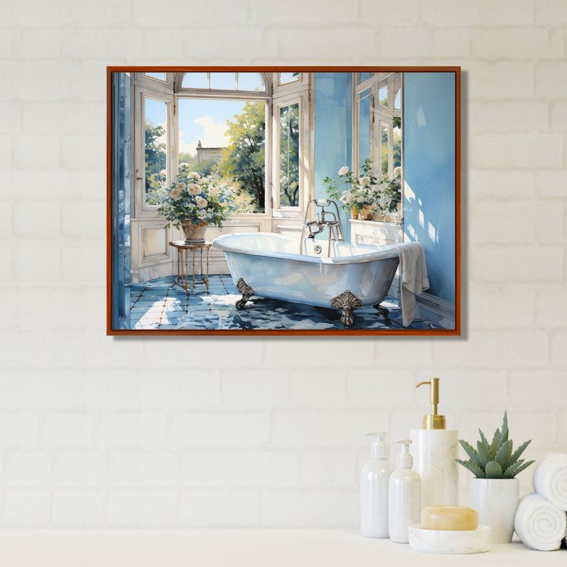 «Bathroom Tranquil Reflections I» - décoration murale pour salle de bain, H 30 po x l 40 po x P 1,5 po, Cadre flottant brun
