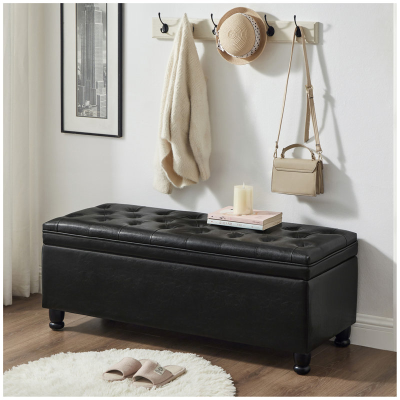 Banc de rangement capitonné capitonné, banc d'entrée en similicuir avec pieds en bois fuselés, banc de lit - noir