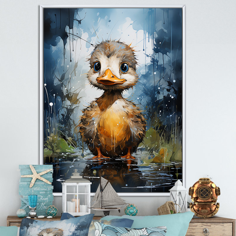 Mignon canard bleu et jaune pour chambre de bébé, Cadre flottant blanc, 40" H x 30" W