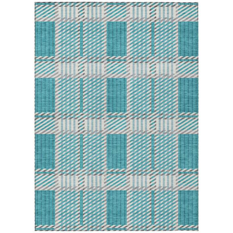 Teal and Gray Plaid Washable Synthetic 5' x 7' Rug