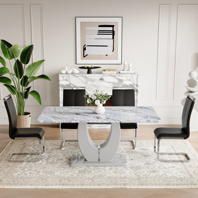 63" Faux Marble Dining Table Set for 4-6, Modern Rectangular Dining Table with Chairs, Kitchen & Dining Room Set with Upholstered Chairs