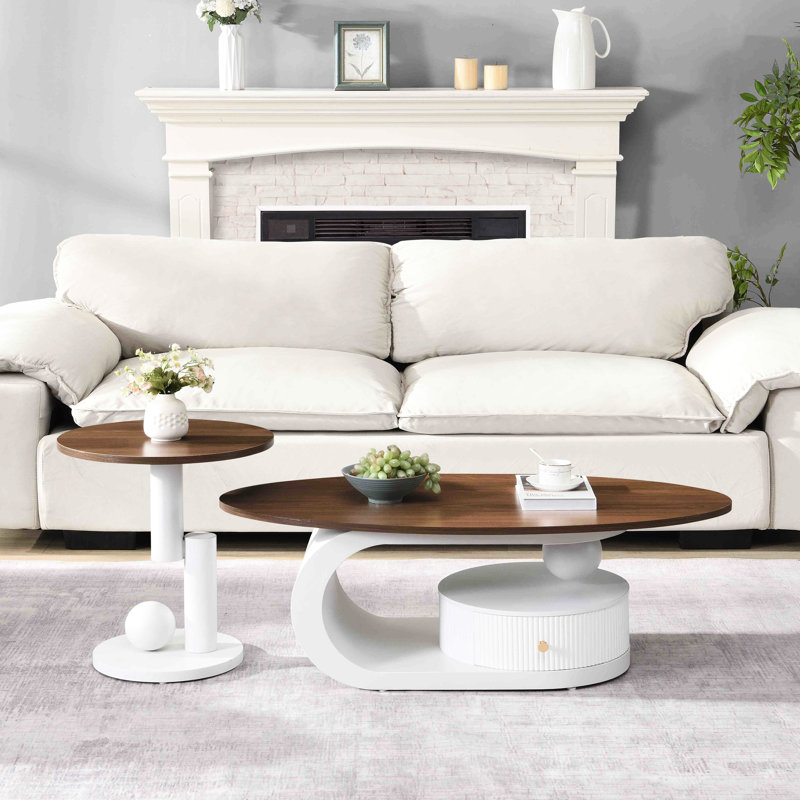 Table basse de luxe, salon, tables ovales et rondes, rangement, finition blanche, assemblage facile, coffre-fort pour famille, conception élégante, structure en métal, arrangement flexible