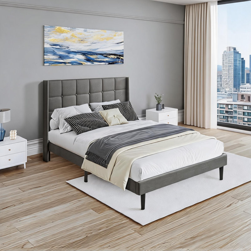 Queen Sized Upholstered Platform Bed Frame, Modern Button Tufted Luxury Linen Fabric, No Box Spring Needed, Classic Gray