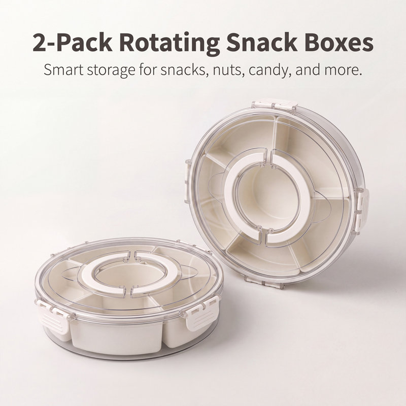 2‑Pack Rotating Round 6‑Compartment Snack Storage Container Set, White Plastic Divided Serving Tray with Locking Clear Lid, Portable Candy Nut Organizer Box for Party, Picnic, Kitchen Food Storage