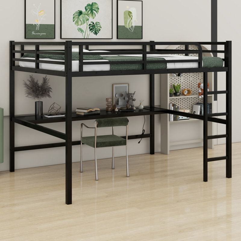 Lit mezzanine en métal avec prise de courant et éclairage DEL, Noir