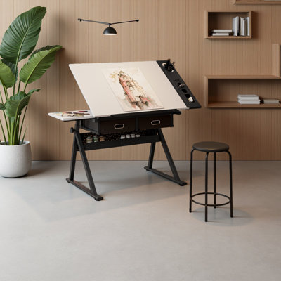 Adjustable Drawing Drafting Table Desk With 2 Drawers For Home Office And School With Stool