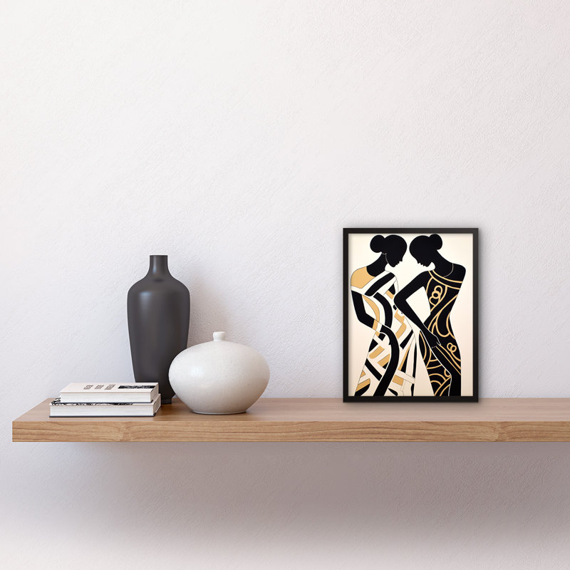Aydrik Women Dancing Abstract Pattern Beige Black Silhouettes - Single Picture Frame Print