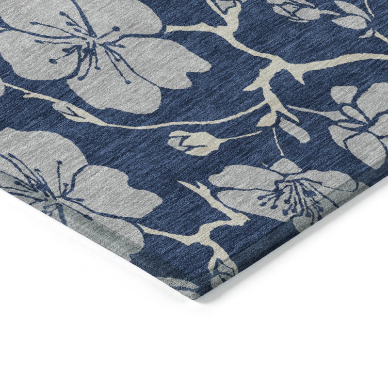 Navy Floral Synthetic Rectangular 5' x 7' Washable Rug