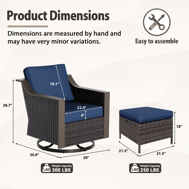 Ensemble de patio extérieur 4 pièces avec 2 chaises pivotantes, 2 repose-pieds et coussins bleus, Bleu