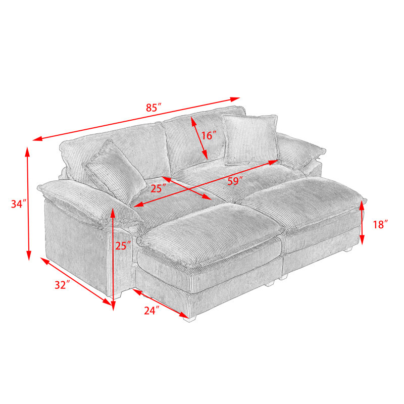 Oversized Loveseat Sectional Sofa Modern Deep Seat Reversible Chaises Couch With 2 Movable Ottomans And Pillows,