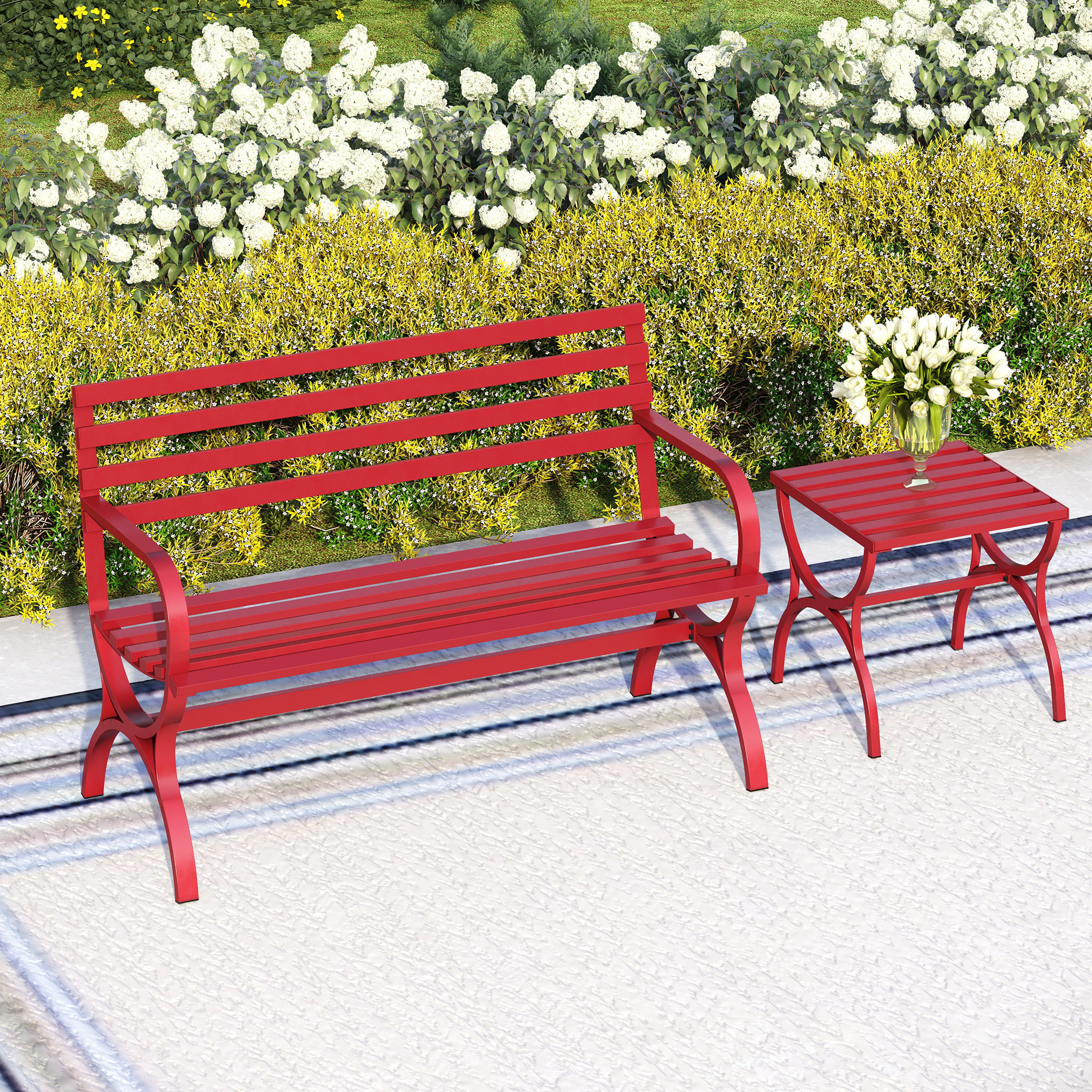 Outdoor Metal Garden Bench With Small Side End Table Red