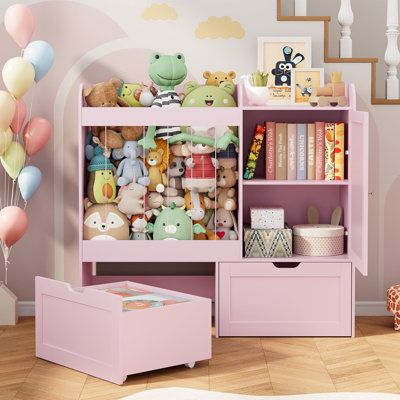 37.4"h Toy Storage Organizer With Stuffed Animal Storage, Toy Organizer With Magnetic Whiteboard, 2 Movable Drawers, Wooden Toy Organizers And Storage