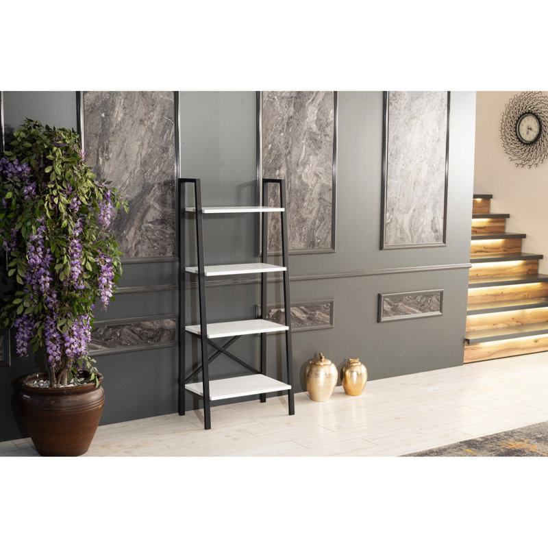 5 Tier Modern Bookshelf Organizer White, Metal Frame Solid Wood Bookcase For Constrained Living Room & Office Space In, White