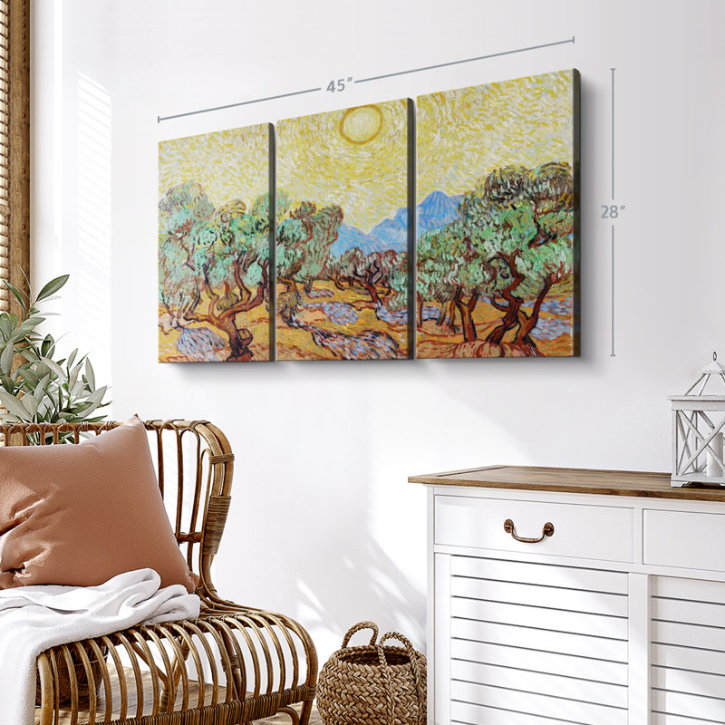 «Oliviers avec ciel jaune et soleil» 3 pièces, H 28 po x l 45 po