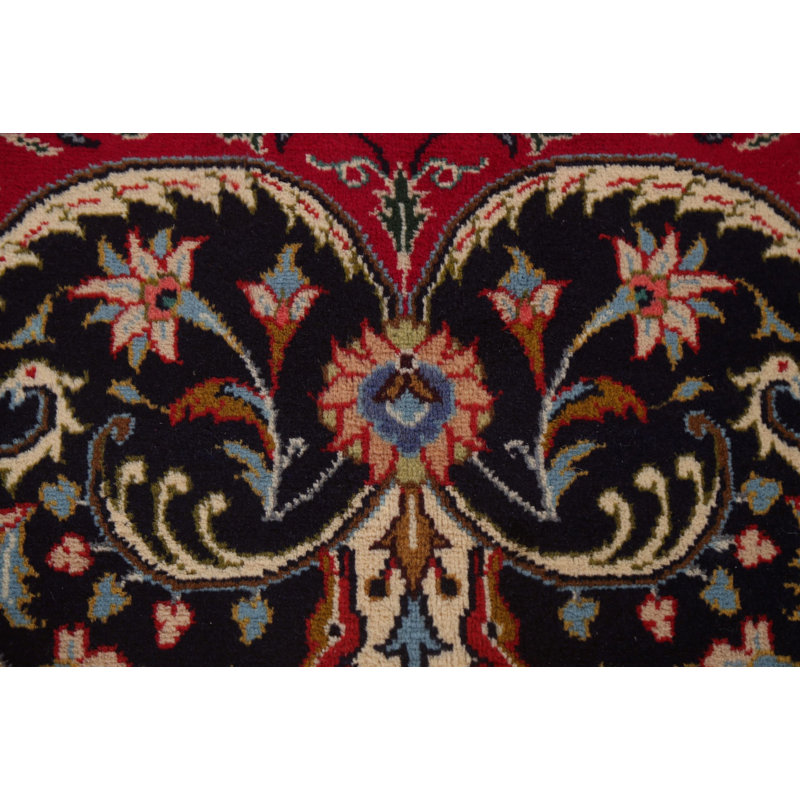 Tapis rouge en laine noué à la main de conception unique de style années 1980 de 9 pi 6 po x 12 pi 11 po Saveena