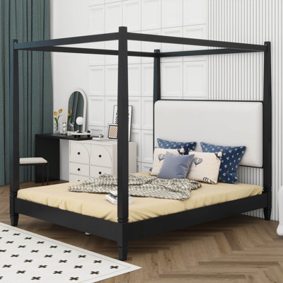 Upholstered Canopy Bed With Tall Headboard, Four Poster Canopy Platform Bed With Upholstered Headboard