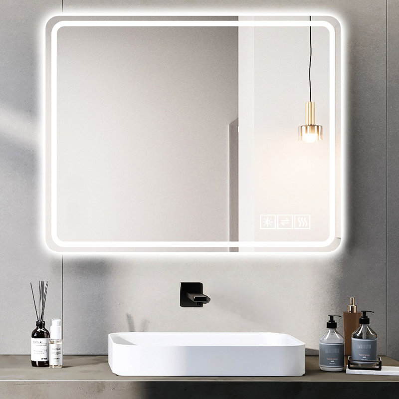 Miroir de salle de bain 40 x 32 pouces à DEL - brouillard, cuivre 5 mm - argent, gradation 3 couleurs, fixation murale, miroir argent, longue durée de vie de la lampe 3 couleurs