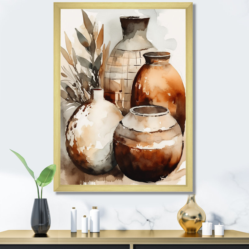 Vase en terre cuite brun et crème Kellerson, H 20 po x l 12 po, Impression encadrée, Doré
