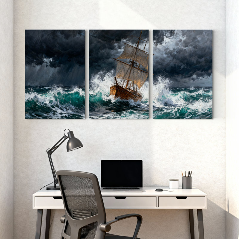 «Nautical Stormy Sea Ship Waves Dark Sky», ensemble de 3 impressions sur toile, H 24 po x l 48 po