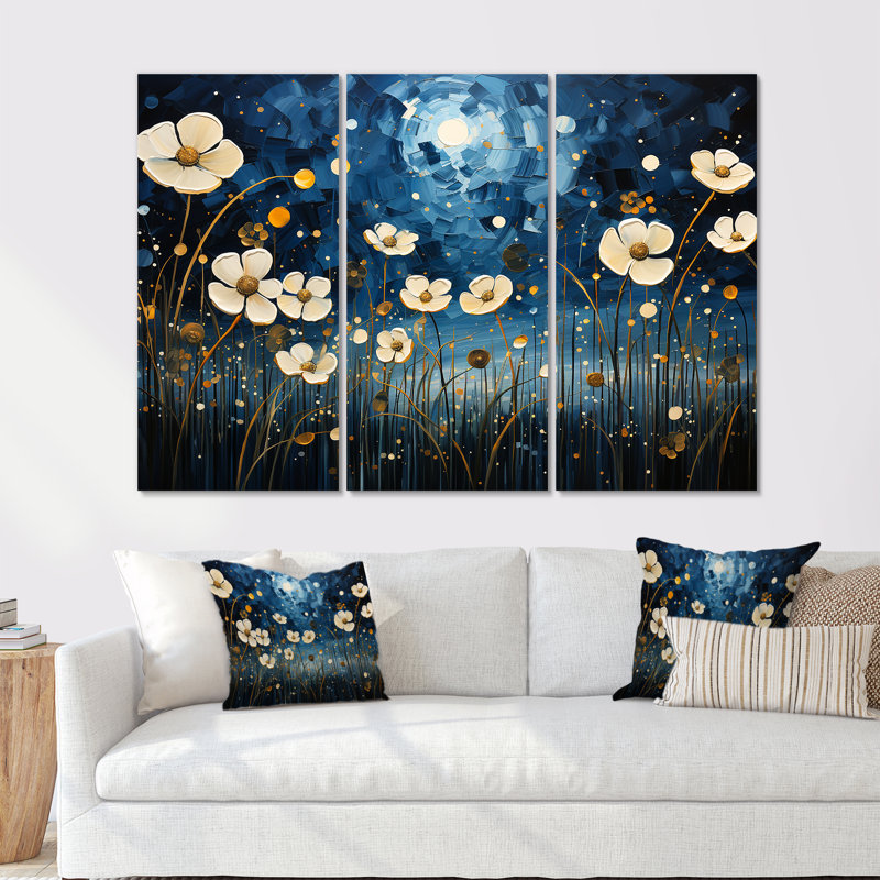 «Midnight Indigo Buttercups II - Buttercups», ensemble de reproduction d'art mural, Toile tendue, H 40 po x l 60 po x P 1 po