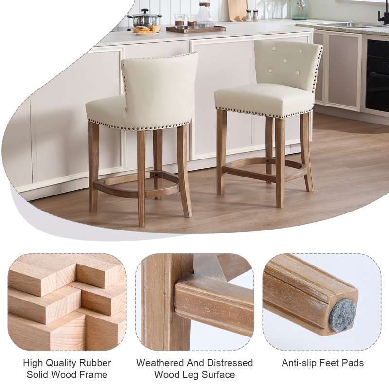 Ensemble de 2 tabourets de bar avec dossier, siège en cuir véritable et structure en bois massif, chaises à hauteur de comptoir pour îlot de cuisine et salle à manger