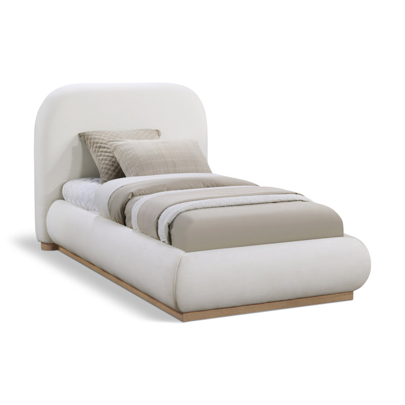 Hylia Upholstered Panel Bed, Twin, Cream Linen Textured Fabric / Stained Natural