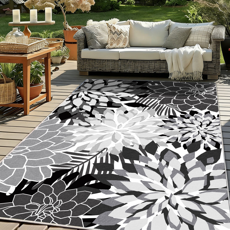 ZonLi Tropical Floral Indoor/Outdoor Rug, 8' x 10', Black/White, Waterproof, Washable, Non-Slip, 8x10FT, Black/White